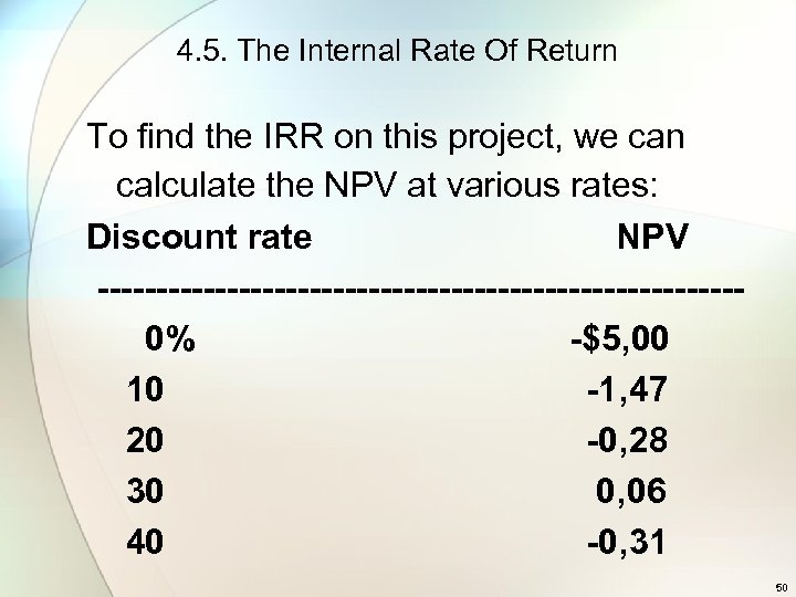 4. 5. The Internal Rate Of Return To find the IRR on this project,