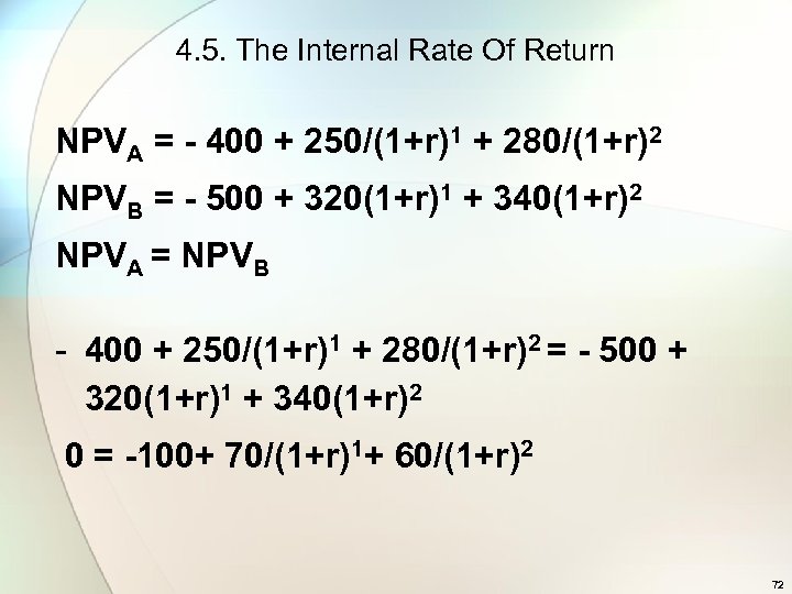 4. 5. The Internal Rate Of Return NPVA = - 400 + 250/(1+r)1 +