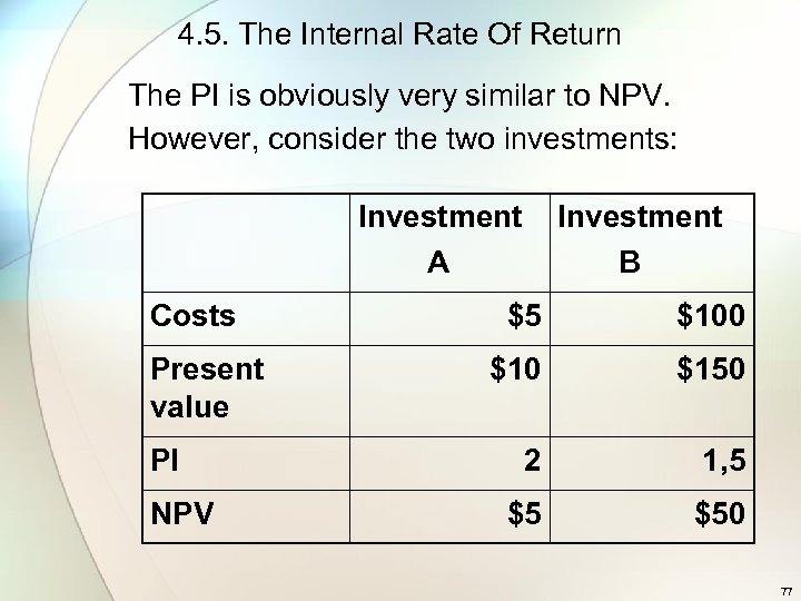 4. 5. The Internal Rate Of Return The PI is obviously very similar to