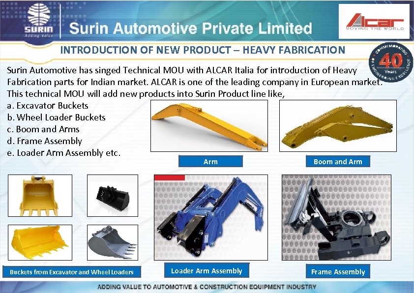 INTRODUCTION OF NEW PRODUCT – HEAVY FABRICATION Surin Automotive has singed Technical MOU with