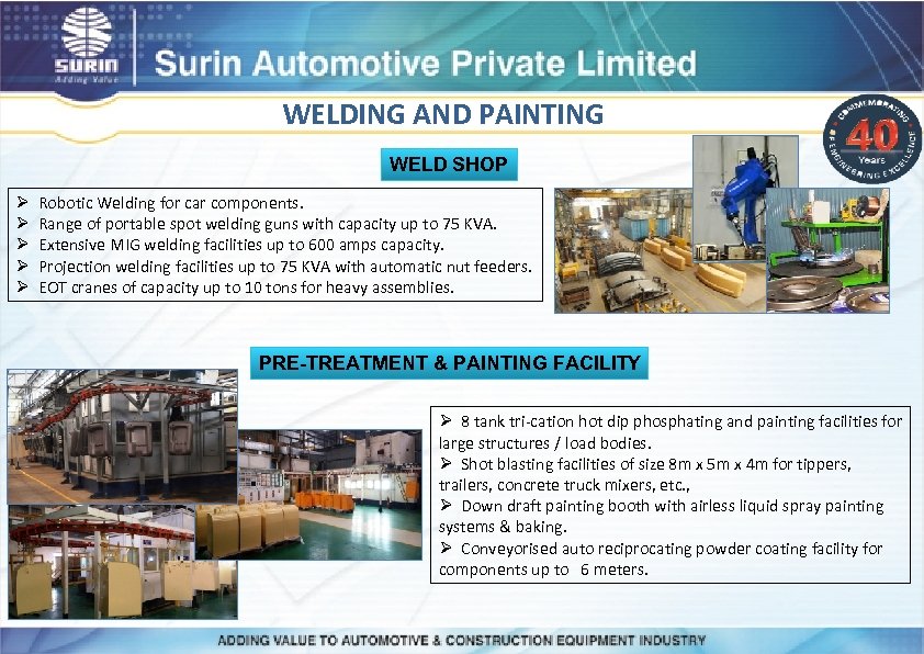 WELDING AND PAINTING WELD SHOP Ø Robotic Welding for car components. Ø Range of