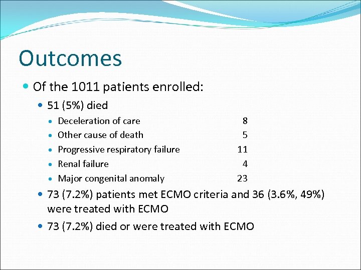 Outcomes Of the 1011 patients enrolled: 51 (5%) died Deceleration of care Other cause