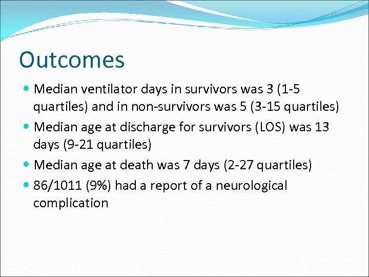 Outcomes Median ventilator days in survivors was 3 (1 -5 quartiles) and in non-survivors