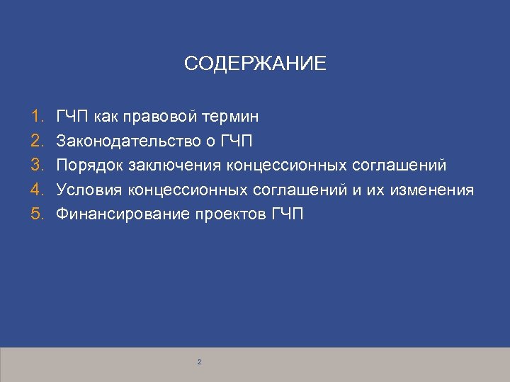 СОДЕРЖАНИЕ 1. 2. 3. 4. 5. ГЧП как правовой термин Законодательство о ГЧП Порядок