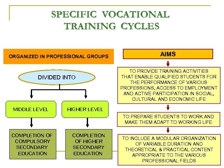 SPECIFIC VOCATIONAL TRAINING CYCLES ORGANIZED IN PROFESSIONAL GROUPS DIVIDED INTO MIDDLE LEVEL AIMS TO