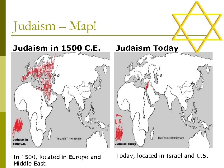 Judaism – Map! Judaism in 1500 C. E. Judaism Today In 1500, located in