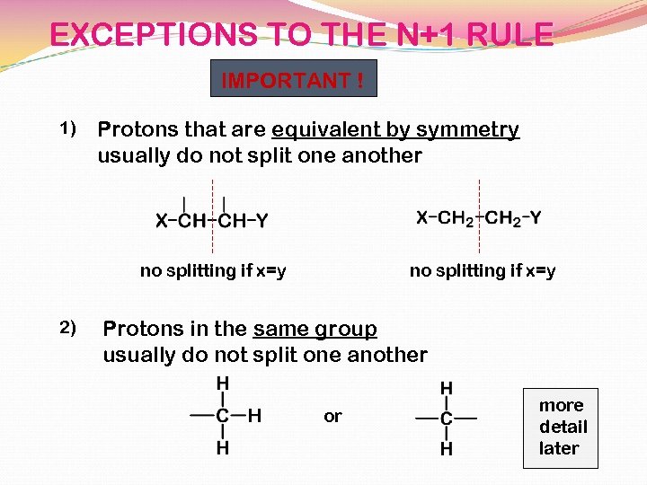 EXCEPTIONS TO THE N+1 RULE IMPORTANT ! 1) Protons that are equivalent by symmetry