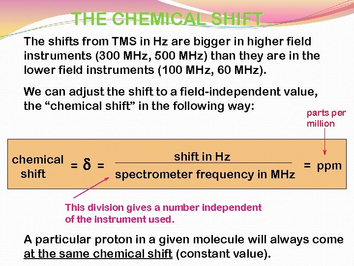THE CHEMICAL SHIFT The shifts from TMS in Hz are bigger in higher field