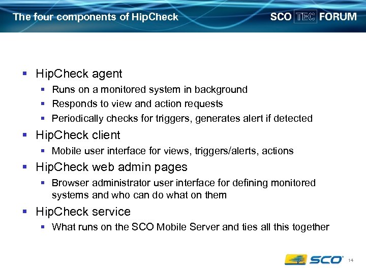 The four components of Hip. Check § Hip. Check agent § Runs on a