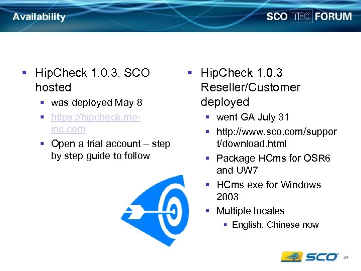 Availability § Hip. Check 1. 0. 3, SCO hosted § was deployed May 8