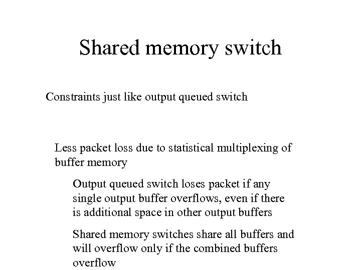Shared memory switch Constraints just like output queued switch Less packet loss due to