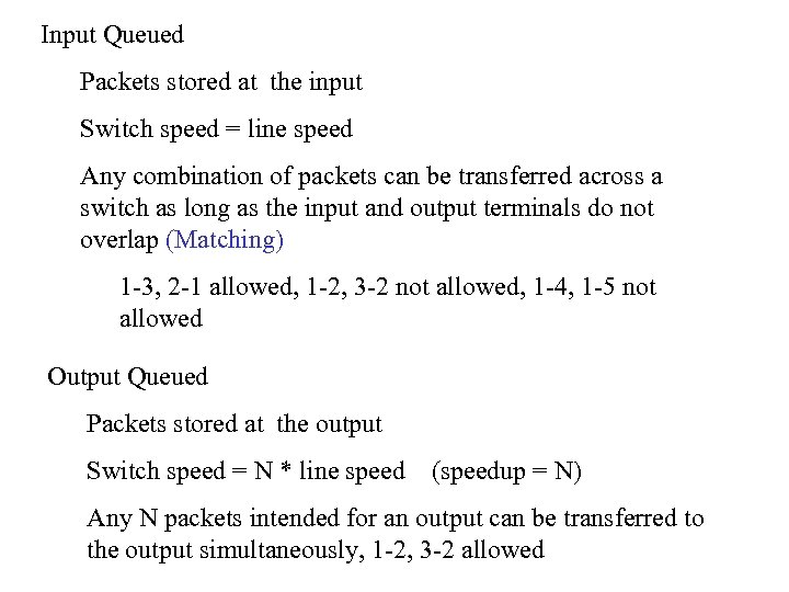 Input Queued Packets stored at the input Switch speed = line speed Any combination