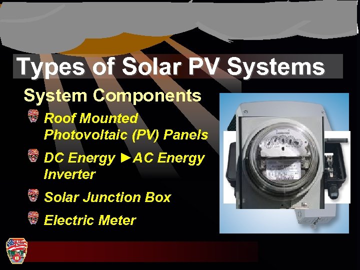 Types of Solar PV Systems System Components Roof Mounted Photovoltaic (PV) Panels DC Energy