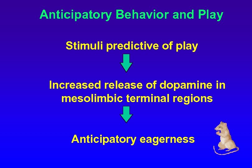 Anticipatory Behavior and Play Stimuli predictive of play Increased release of dopamine in mesolimbic