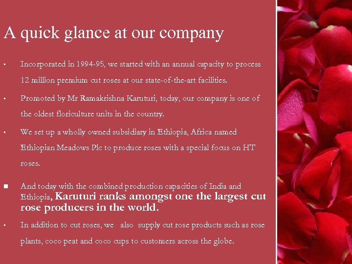 A quick glance at our company • Incorporated in 1994 -95, we started with