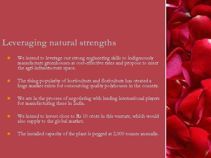 Leveraging natural strengths n We intend to leverage our strong engineering skills to indigenously