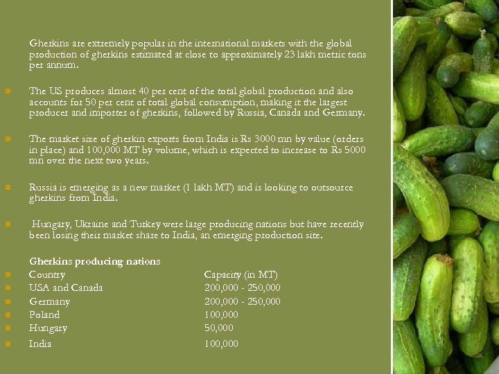 Gherkins are extremely popular in the international markets with the global production of gherkins
