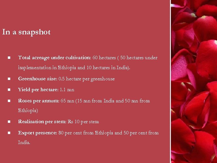 In a snapshot n Total acreage under cultivation: 60 hectares ( 50 hectares under