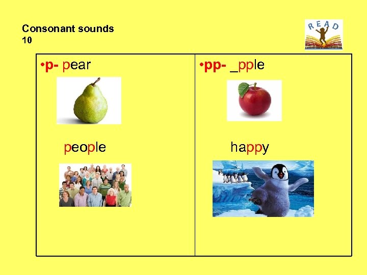 Consonant sounds 10 • p- pear people • pp- _pple happy 
