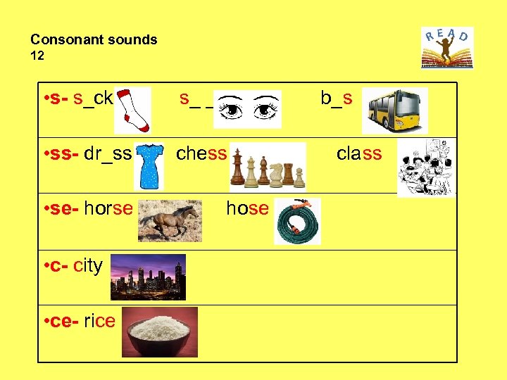 Consonant sounds 12 • s- s_ck s_ _ • ss- dr_ss chess • se-