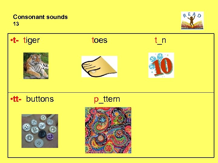 Consonant sounds 13 • t- tiger toes • tt- buttons p_ttern t_n 