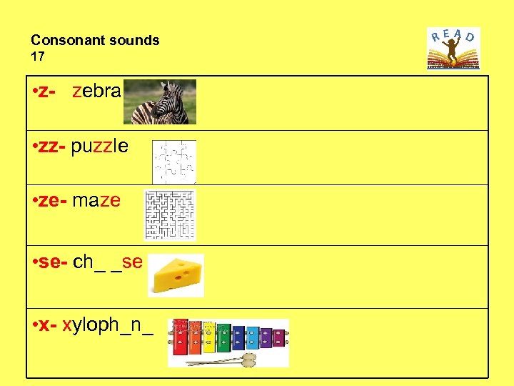 Consonant sounds 17 • z- zebra • zz- puzzle • ze- maze • se-