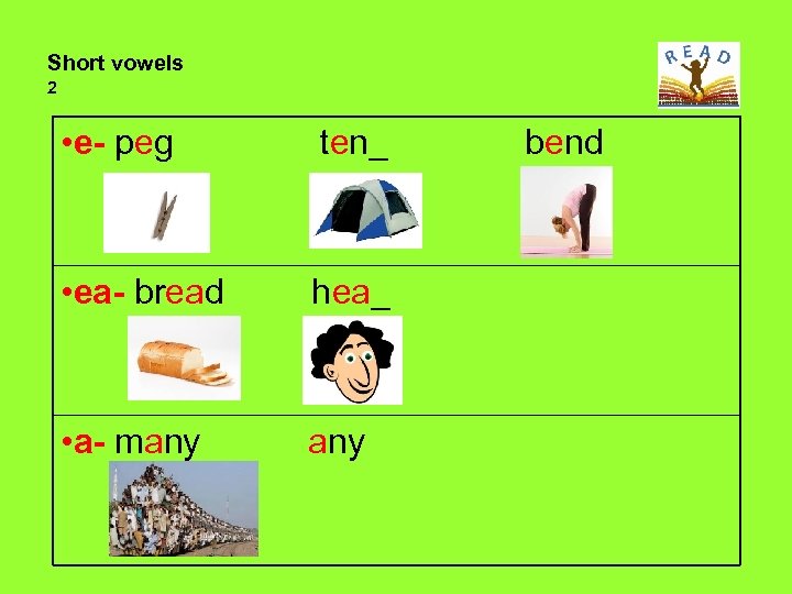 Short vowels 2 • e- peg ten_ • ea- bread hea_ • a- many