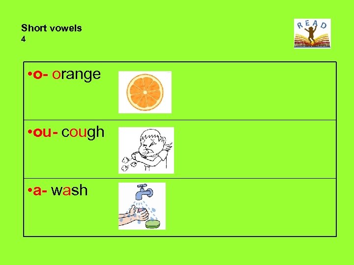 Short vowels 4 • o- orange • ou- cough • a- wash 