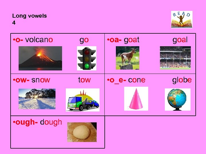 Long vowels 4 • o- volcano go • oa- goat goal • ow- snow