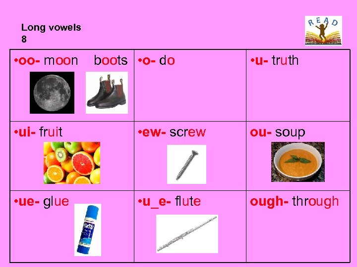 Long vowels 8 • oo- moon boots • o- do • u- truth •