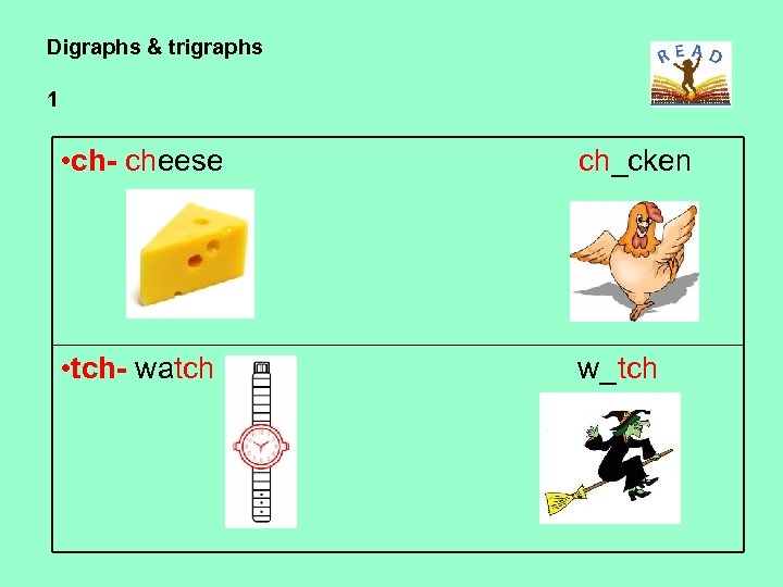 Digraphs & trigraphs 1 • ch- cheese ch_cken • tch- watch w_tch 