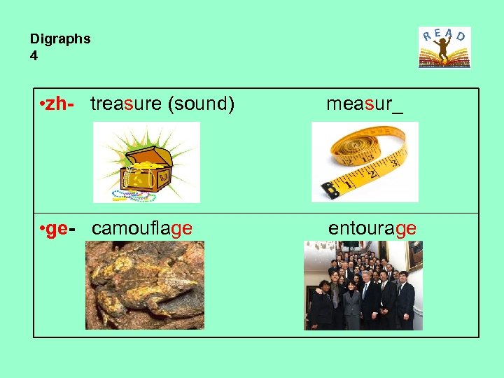 Digraphs 4 • zh- treasure (sound) measur_ • ge- camouflage entourage 