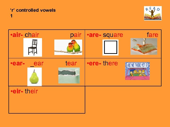 ‘r’ controlled vowels 1 • air- chair • ear- _ear • eir- their pair