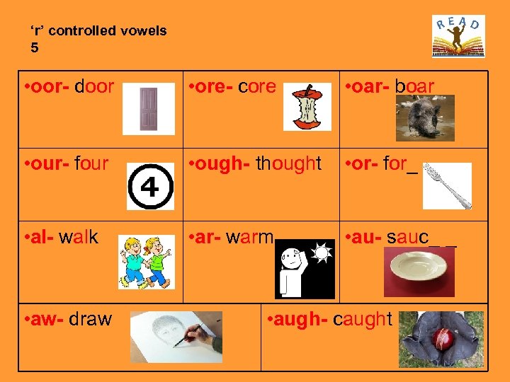 ‘r’ controlled vowels 5 • oor- door • ore- core • oar- boar •