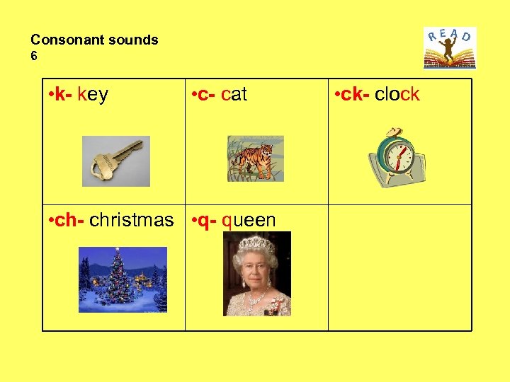 Consonant sounds 6 • k- key • c- cat • ch- christmas • q-