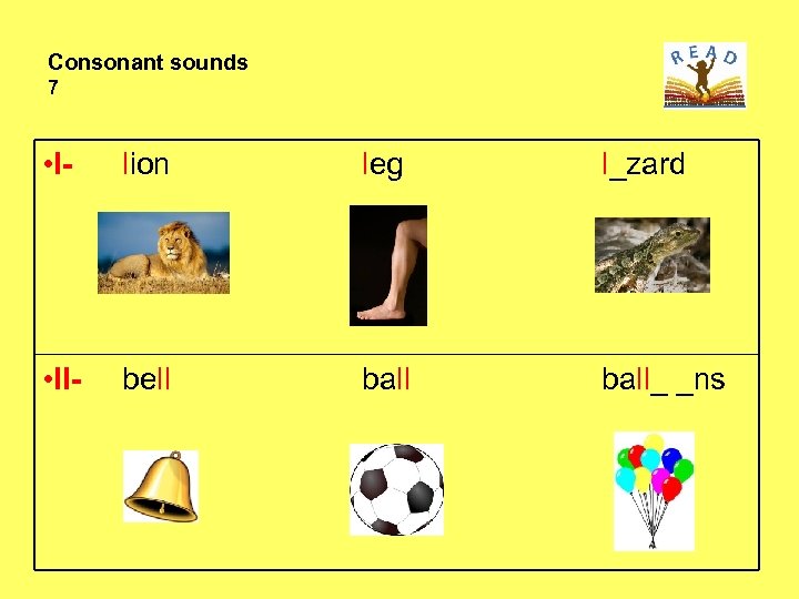 Consonant sounds 7 • l- lion leg l_zard • ll- bell ball_ _ns 