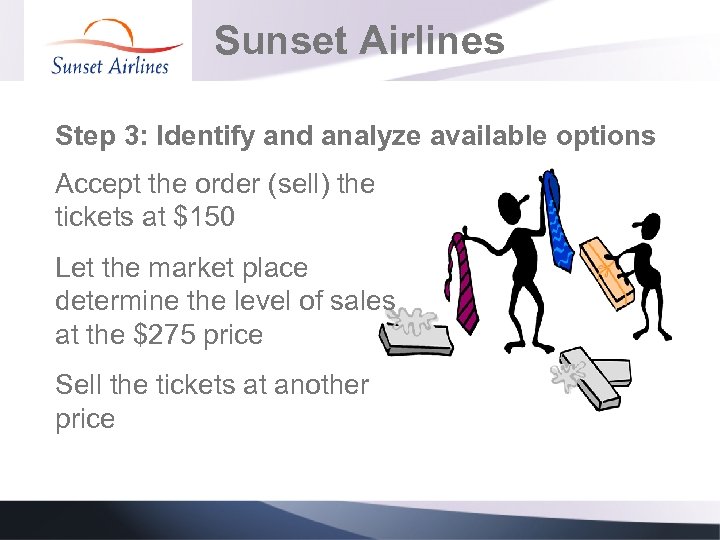 Sunset Airlines Step 3: Identify and analyze available options Accept the order (sell) the