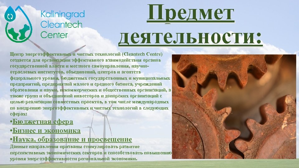 Предмет деятельности: Центр энергоэффективных и чистых технологий (Cleantech Centre) создается для организации эффективного взаимодействия