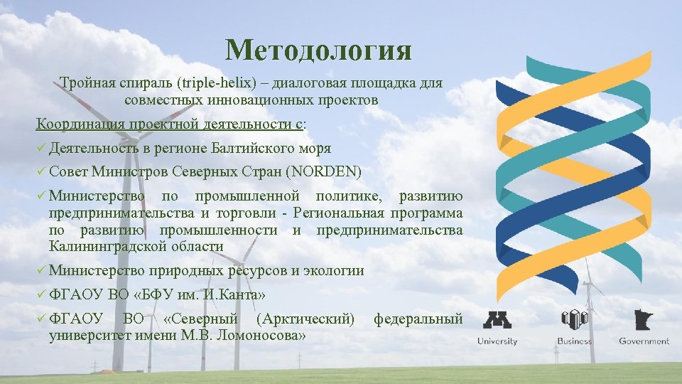 Методология Тройная спираль (triple-helix) – диалоговая площадка для совместных инновационных проектов Координация проектной деятельности