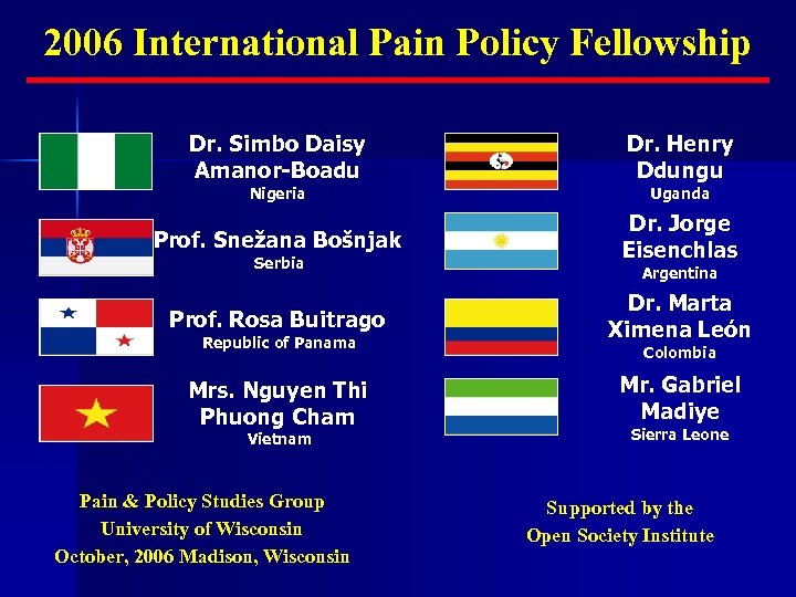 2006 International Pain Policy Fellowship Dr. Simbo Daisy Amanor-Boadu Dr. Henry Ddungu Prof. Snežana