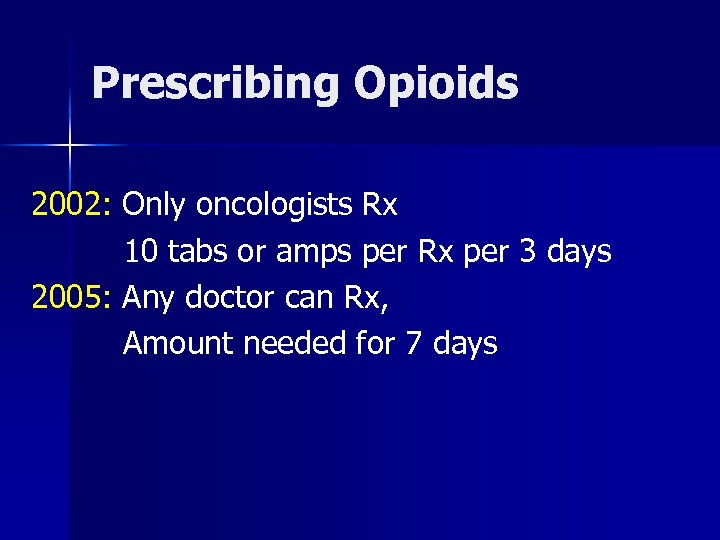 Prescribing Opioids 2002: Only oncologists Rx 10 tabs or amps per Rx per 3