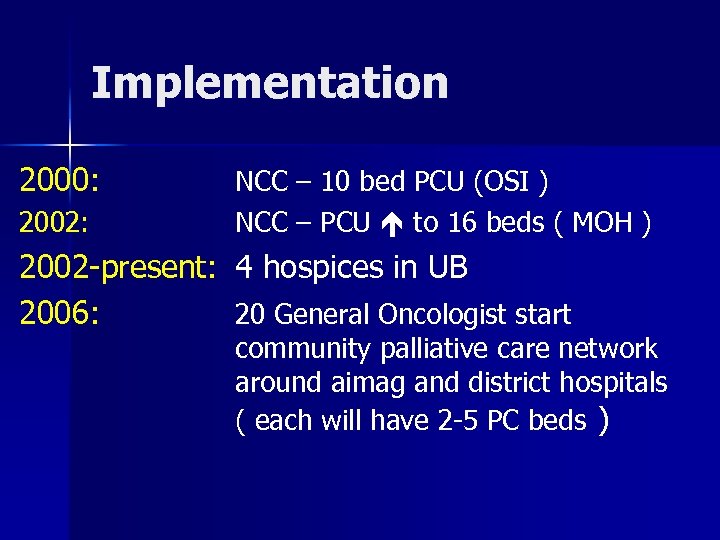 Implementation 2000: 2002: NCC – 10 bed PCU (OSI ) NCC – PCU to