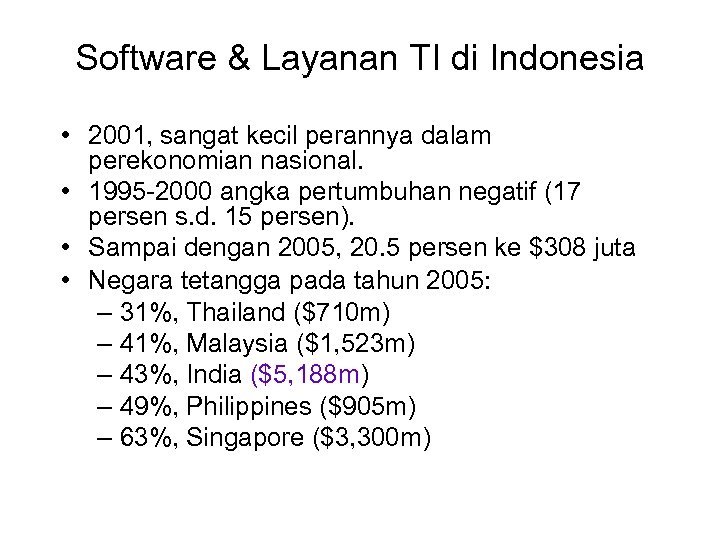 Software & Layanan TI di Indonesia • 2001, sangat kecil perannya dalam perekonomian nasional.