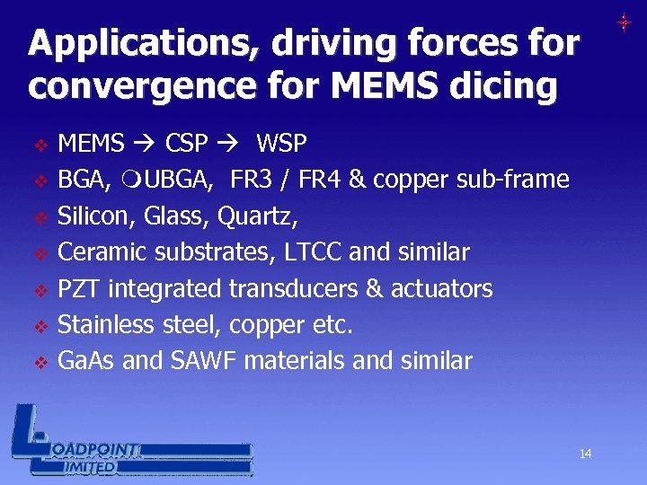 Applications, driving forces for convergence for MEMS dicing v v v v MEMS CSP