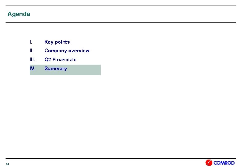Agenda I. II. Company overview III. Q 2 Financials IV. 24 Key points Summary