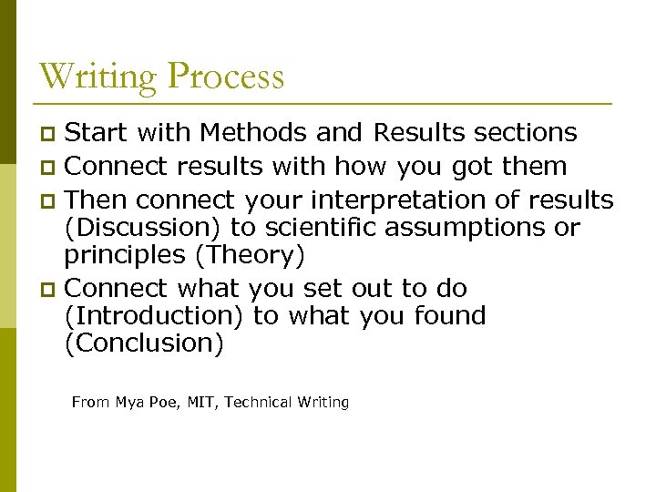 Writing Process Start with Methods and Results sections p Connect results with how you