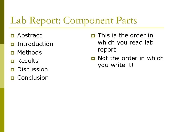 Lab Report: Component Parts p p p Abstract Introduction Methods Results Discussion Conclusion p