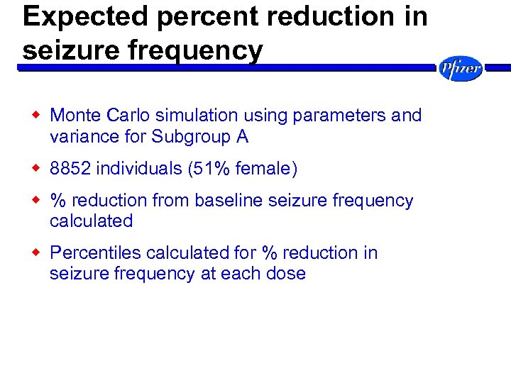 Expected percent reduction in seizure frequency w Monte Carlo simulation using parameters and variance