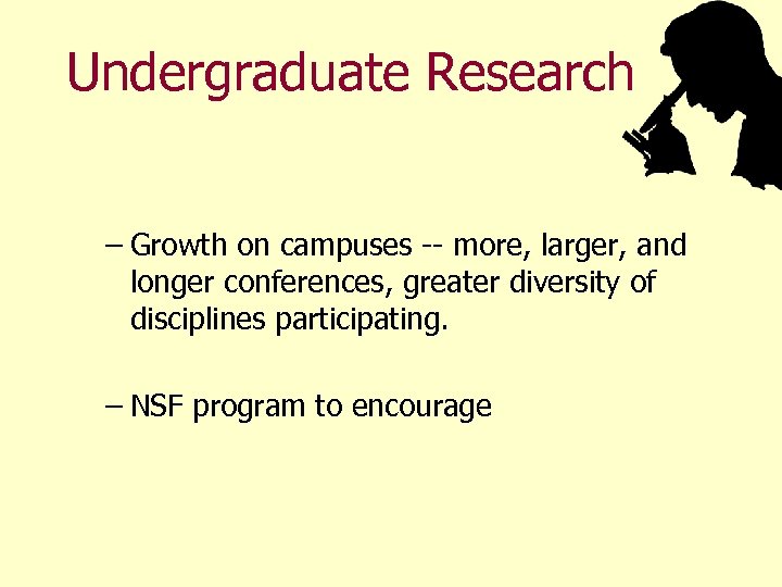 Undergraduate Research – Growth on campuses -- more, larger, and longer conferences, greater diversity