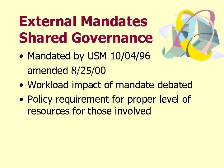 External Mandates Shared Governance • Mandated by USM 10/04/96 amended 8/25/00 • Workload impact